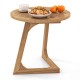 Round teak wood side table with slatted tabletop and triangle base, ideal for indoor or outdoor use.