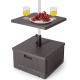 Fillable brown umbrella base with table tray, designed for stability, featuring a waterproof HDPE material and wheels.