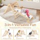 3-in-1 Pikler Triangle climbing set featuring a foldable design, natural wood, and adjustable ramp for kids' play and.