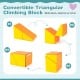 Convertible triangular climbing block set in yellow, designed for toddlers' play, promoting motor skills and creativity.