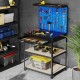 Workbench with navy finish, featuring pegboards, drawer, and shelves for efficient garage or workshop organization.