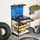 Workbench with navy finish, featuring pegboards, drawer, and shelves for garage or workshop organization.
