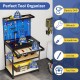 Heavy-duty 32 x 16 inch workbench with pegboards, drawer, and shelves for garage or workshop organization.