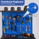 Workbench with navy pegboard, tools, and 20 hooks for organized storage in garage or workshop.