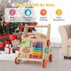 Wooden push and pull baby walker with storage, designed for motor skills development, suitable for kids aged 3+.