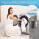 Woman placing a removable, machine washable mattress cover into a washing machine for easy maintenance.