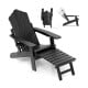 Black All-Weather HIPS Adirondack lounge chair with retractable footrest and 4-position backrest, ideal for outdoor.