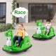 Green 12V bumper car with dinosaur design, featuring spray function and remote control for toddlers aged 2-5.