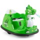 Green 12V bumper car for toddlers with dinosaur design, spray function, and remote control for indoor and outdoor fun.