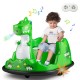 Green dinosaur-themed 12V bumper car with spray function, remote control, and music for toddlers aged 2-5.