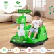 Green 12V bumper car for toddlers with spray function, built-in music, and 360-degree spin for indoor and outdoor fun.