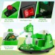 Green 12V bumper car with dinosaur design, featuring one-button start, spray function, and kid-friendly controls for.
