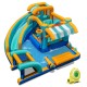 Colorful inflatable water slide bounce house with curved slide, pool, and water cannon for kids' outdoor fun.