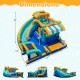 Inflatable water slide bounce house with snack counter, curved slide, and spacious pool for kids' outdoor fun.