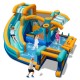Colorful inflatable water slide bounce house with pool, slide, and kids playing for outdoor fun and entertainment.