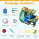 Inflatable water slide bounce house with accessories including a football, basketball, and 735W blower for kids' fun.
