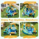 Inflatable water slide bounce house with curved slide, pool, and water cannon for kids' outdoor fun and games.