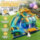 Inflatable water slide bounce house with snack counter, curved slide, and pool for kids' outdoor fun and games.