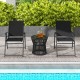 Two black outdoor folding sling chairs with armrests and a side table, perfect for poolside relaxation.
