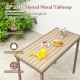 Slatted metal tabletop of a patio bar table, 48” x 23”, sturdy for food and drinks, ideal for outdoor settings.