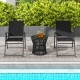 Black outdoor folding sling chairs with armrests and a side table, perfect for poolside relaxation.