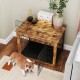 Dog crate furniture with double doors and cushion, ideal for small/medium dogs, serving as an end table in a cozy.