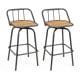 Set of 2 black and natural 360° swivel bar stools with curved backrest and footrest, ideal for dining or kitchen use.