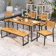 Outdoor acacia wood dining set with bench and chairs, featuring a 2-inch umbrella hole, perfect for patio gatherings.