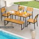 Outdoor acacia wood dining set with bench, featuring a rectangular table and ergonomic chairs, ideal for patio.
