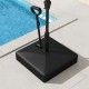 Mobile patio umbrella base in black with wheels, filled with water or sand for stability, ideal for outdoor use.