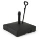Mobile patio umbrella base in black, fillable with sand or water, features wheels for easy transport and stability.