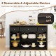 Large black buffet sideboard with adjustable shelves, three drawers, and two see-through doors for versatile kitchen.