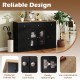 Large black buffet sideboard with adjustable shelves, see-through doors, and three drawers for versatile kitchen.