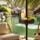 Patio umbrella table tray in black, holding drinks and snacks by a pool, perfect for outdoor gatherings.