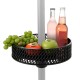 Patio umbrella table tray in black holding fruits and drinks, designed for outdoor gatherings with adjustable fit.