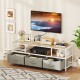 TV stand with a natural finish, featuring 3 fabric drawers, power outlets, and a sleek design for organized.