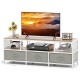 TV stand for TVs up to 65 inches featuring a natural wood finish, 3-tier storage, and built-in power outlets for.