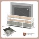 TV stand with natural wood finish, 55" tabletop, 3 fabric drawers, and built-in power outlets for organized.