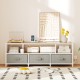 TV stand with a 55" tabletop, 3 removable fabric drawers, and built-in power outlets for organized entertainment.