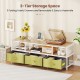 TV stand with a natural wood finish, featuring 3 removable fabric drawers and built-in power outlets for organized.
