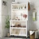 5-tier white kitchen bakers rack with flip door cabinets, LED lights, and wheels for versatile storage solutions.