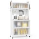 5-tier white kitchen bakers rack with flip doors, LED lights, and wheels for versatile storage in any room.