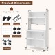 5-tier kitchen bakers rack in white with adjustable foot pads, wheels, and built-in LED lights for versatile storage.