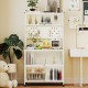 5-tier white kitchen bakers rack with flip door cabinets and built-in LED lights for versatile storage solutions.