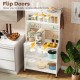 5-tier kitchen bakers rack in white with flip door cabinets, LED lights, and adjustable wheels for versatile storage.