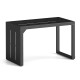 C-shaped black end table with adjustable foot pads, ideal for small spaces and versatile use as a coffee or side table.