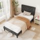 Upholstered twin platform bed with tufted headboard, faux linen fabric, and wooden slats for stylish bedroom decor.