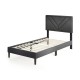 Upholstered twin platform bed with tufted headboard, wooden slats, and modern design, ideal for stylish bedroom setups.