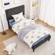 Twin size upholstered platform bed with tufted headboard, faux linen fabric, and wooden slats for easy mattress setup.