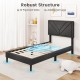 Upholstered twin platform bed with tufted headboard, 12 plywood slats, and additional legs for robust support.